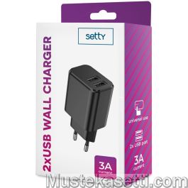 Setty charger 2x USB 3A musta teholaturi + USC-micro ja lightning-kaapeli